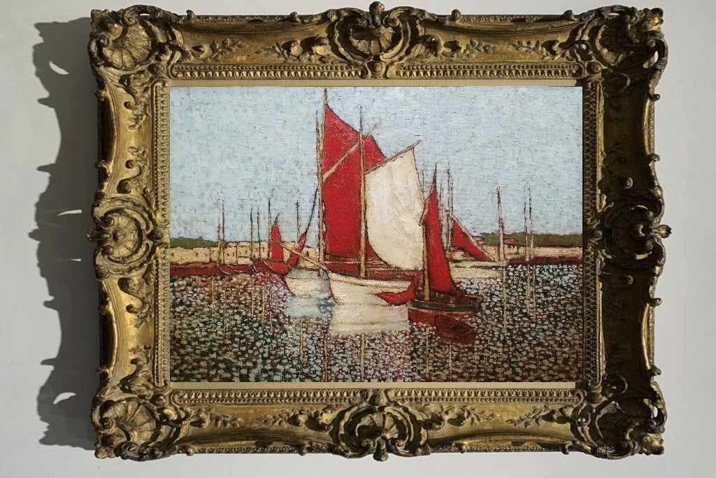 "Vissersboten in de haven", Antiek en Kunst, Kunst | Schilderijen | Klassiek, Maritiem / water, Impressionistisch, Olieverf, Gesigneerd