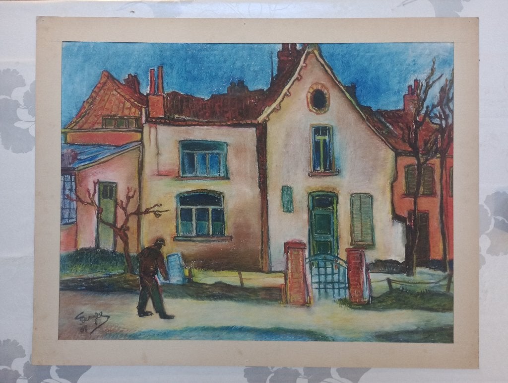 Tableau huile pastel Serge Montegnies 1968 - 72x54,5cm, Antiquités & Art, Art | Dessins & Photographie, Enlèvement ou Envoi, Tableau