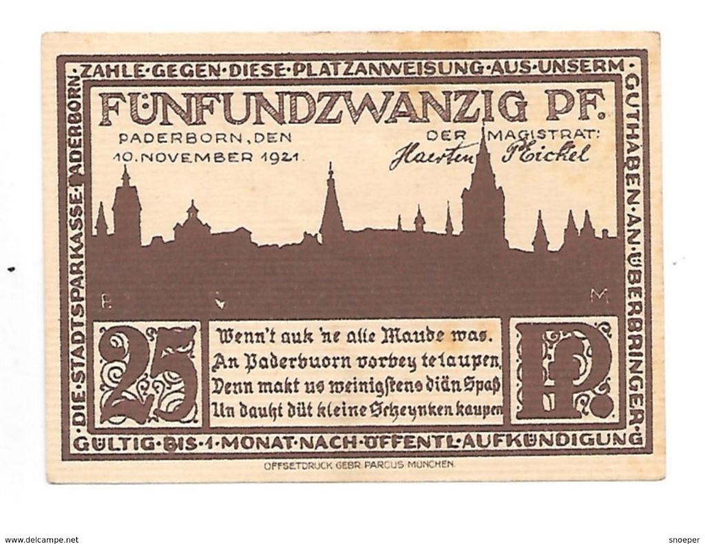 notgeld Paderborn 25 pfennig 1043.7, Postzegels en Munten, Verzenden, Duitsland, Los biljet