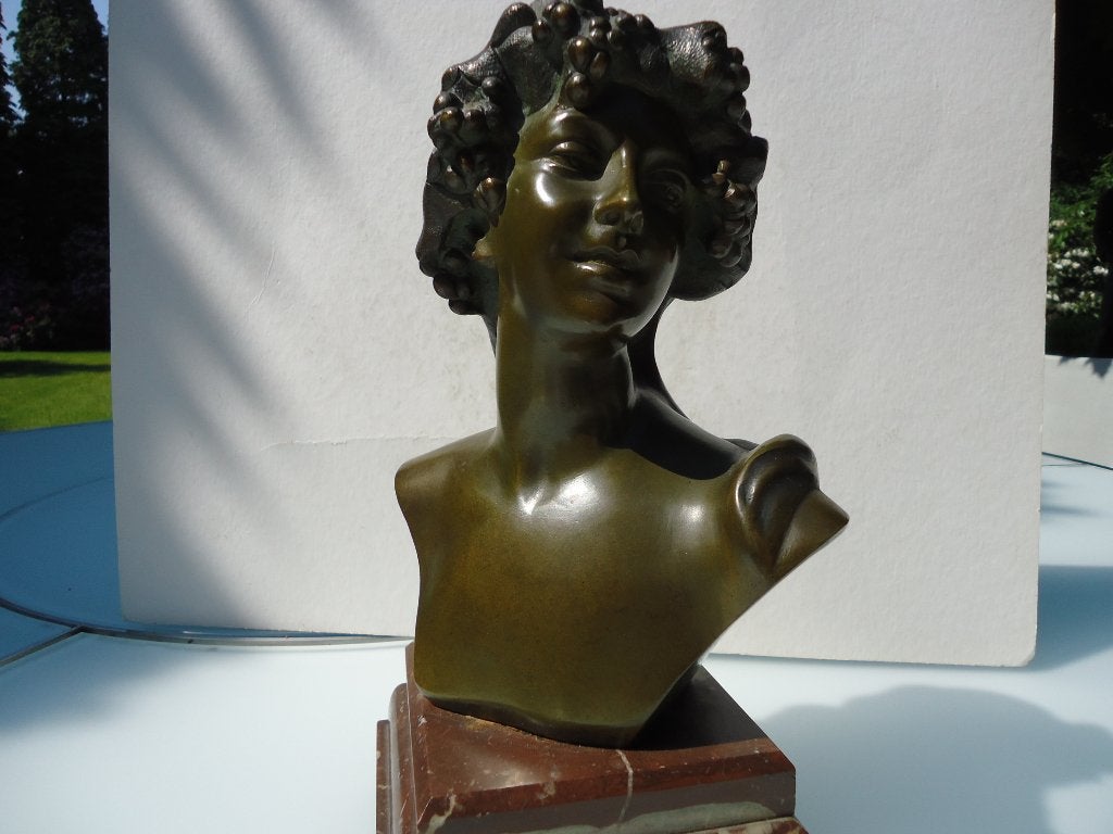 JEF LAMBEAUX Art Nouveau antiek bronzen buste Bacchant brons, Antiek en Kunst, Ophalen, Brons, Buste, Rood