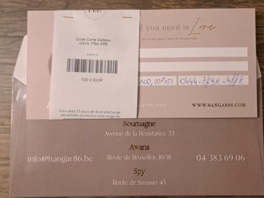 Carte cadeau Hangar 86 . Valeur 100 euros., Tickets en Kaartjes, Kortingen en Cadeaubonnen