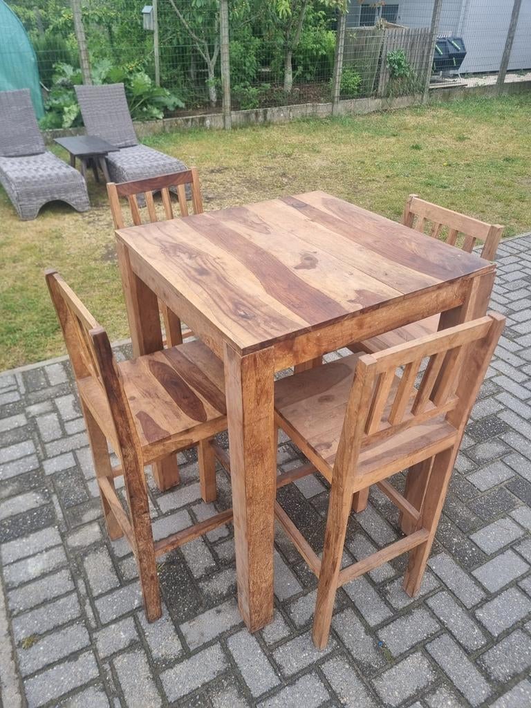 Bar tafel en 4 stoelen uit hard hout., Enlèvement ou Envoi