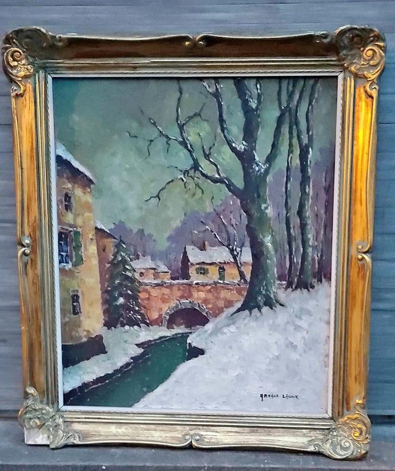 Huile sur toile pont enneigé signe Armand Lacour, Antiquités & Art, Art | Peinture | Classique, Enlèvement ou Envoi