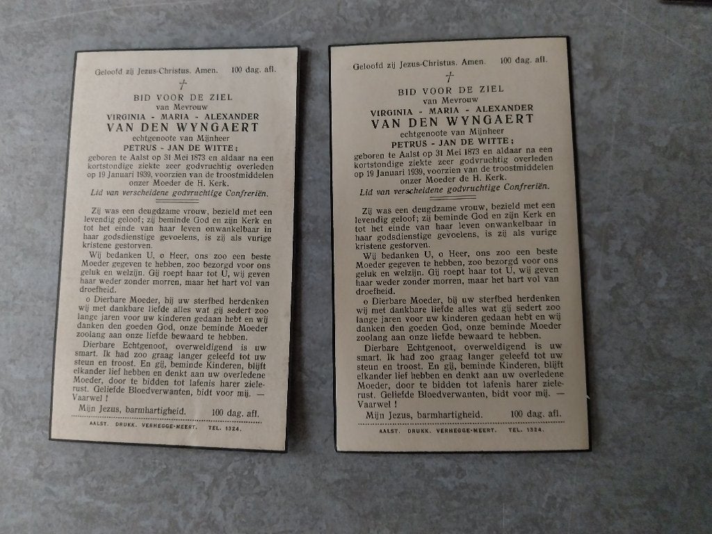 Doodsprentjes Van Den Wyngaert De Witte Aalst 1939, Ophalen of Verzenden, Rouwkaart