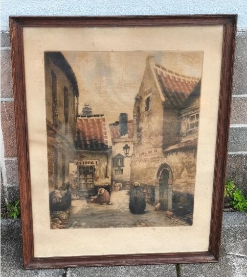 Gravure ruelle signe jef codron, Antiquités & Art, Enlèvement ou Envoi, Gravure