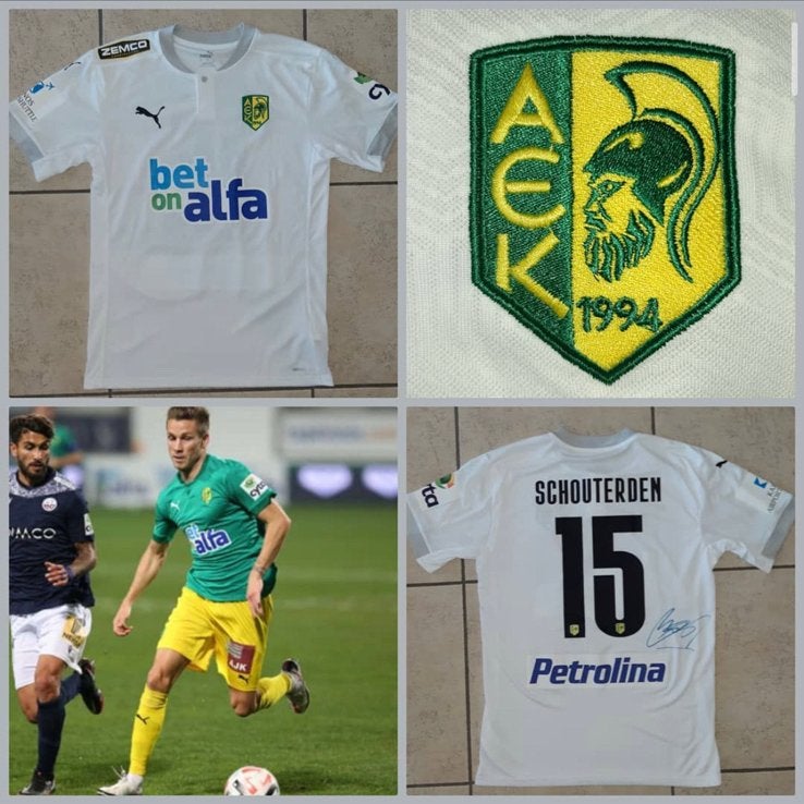 Matchworn Shirt Schouterden AEK Larnaca, Enlèvement ou Envoi, Maillot