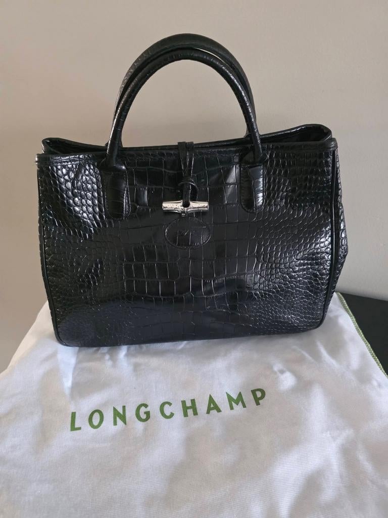 Zwarte LONGCHAMP Roseau handtas in krokodillenleer, Handtassen en Accessoires, Tassen | Damestassen, Ophalen of Verzenden, Handtas