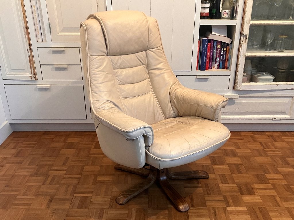 Vintage draaifauteuil crème leder relax seventies, Ophalen, Hout