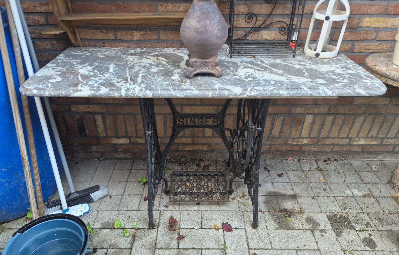 Singer onderstel + marmeren blad, Jardin & Terrasse, Tables de jardin, Enlèvement, Utilisé, Rectangulaire