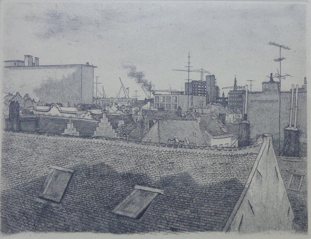 JAAK GORUS / DAKEN ANTWERPEN / ZW-W ETS / 31x39cm / SIG, Antiek en Kunst, Kunst | Litho's en Zeefdrukken, Ets, Gesigneerd, Ophalen of Verzenden