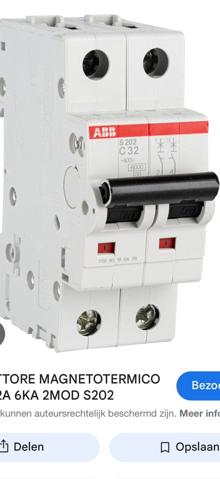 ABB VY30 Automatic 2P 20A C 3kA 20A et 16A Prix 5,80€, Bricolage & Construction, Électricité & Câbles, Enlèvement, Neuf, ABB