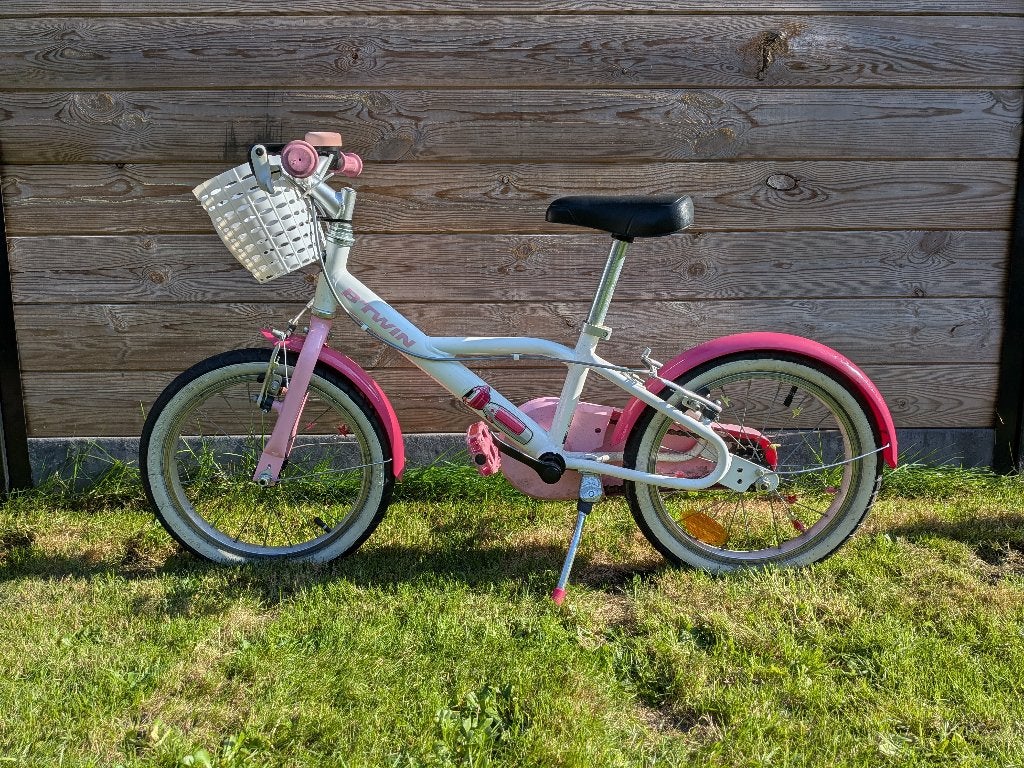 Kinderfiets B'Twin Docto Girl 500, 16 inch, roze/wit, Ophalen, Gebruikt, Velgrem, Handrem