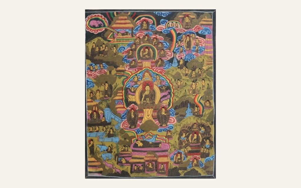 Thangka Leven van Boeddha, handgeschilderd, Nepal, Ophalen, Geschilderd, 47 cm, Meerkleurig