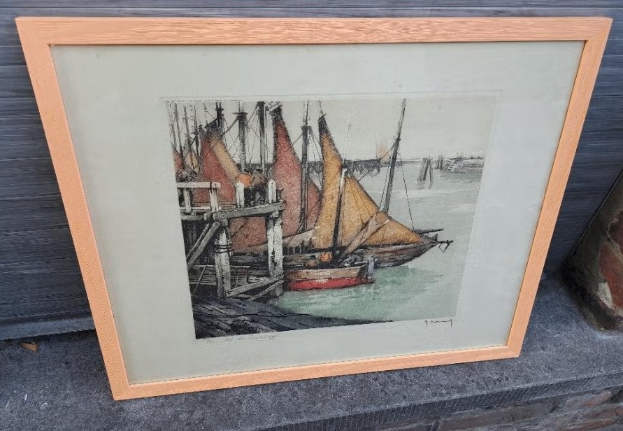 gravure port de zeebrugge signe roger hebbelinck, Enlèvement ou Envoi, Gravure