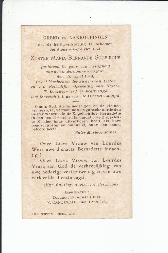 Kloosterzuster Bernadette Lourdes Soubirous overleden 1879, Verzamelen, Bidprentjes en Rouwkaarten, Verzenden, Bidprentje