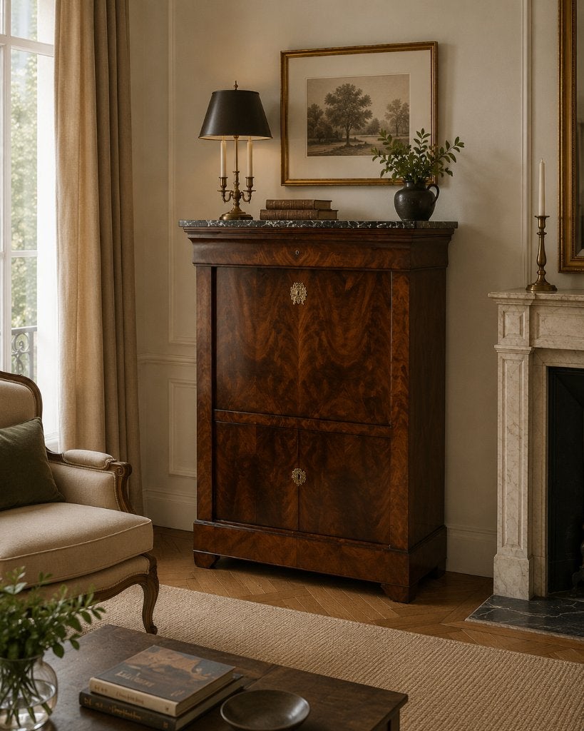 Secretaire 1830 acajou flammé tiroirs secrets, Enlèvement ou Envoi