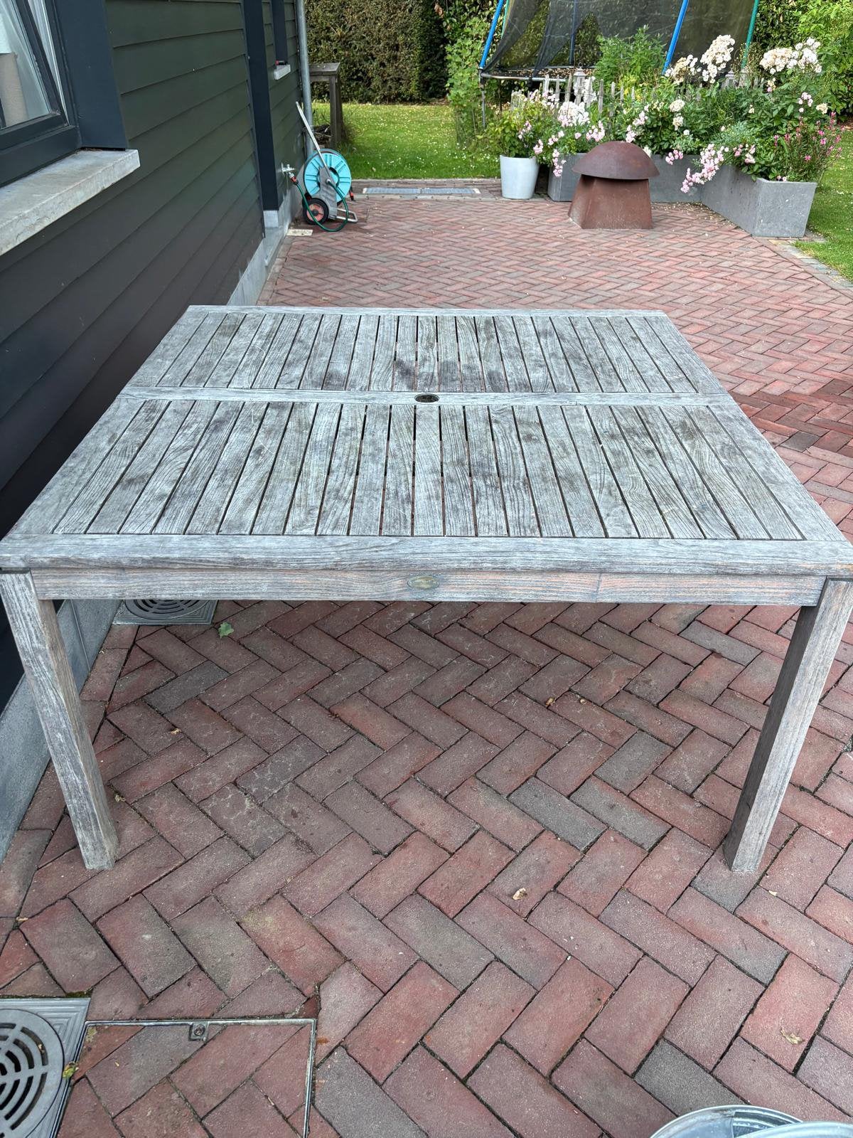Table en teck et chaises d’extérieur, Jardin & Terrasse, Tables de jardin, Enlèvement, Utilisé, Carré, Bois