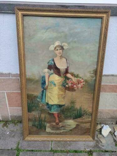 huile sur toile femme au panier signe, Antiquités & Art, Art | Peinture | Classique, Enlèvement, Toile