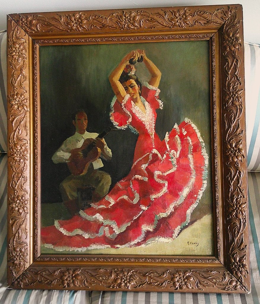 Flamenco danseres met gitarist - ges. C. Carus ?, Paneel, Portret of Personen, Realistisch, Ophalen of Verzenden