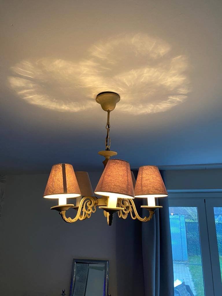 hanglamp 5 takken textieldoppen, Huis en Inrichting, Glas, E14 (klein), Zo goed als nieuw, Antiek