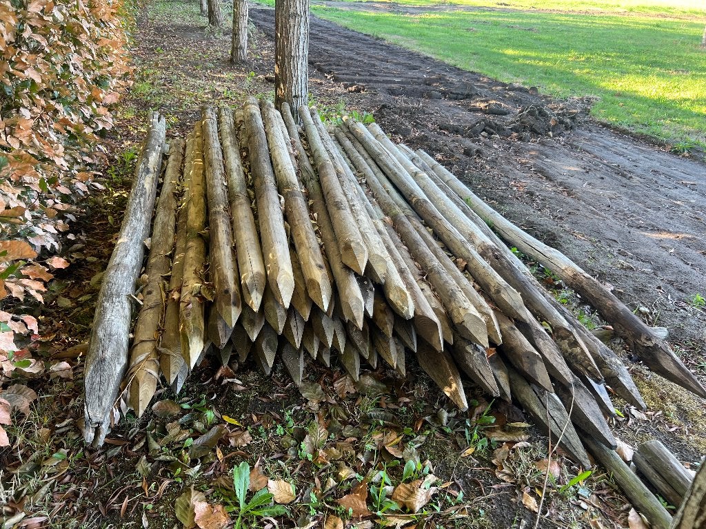 Kastanje palen ontschorst en gepunt. 2m hoog, Ophalen, Gebruikt, 180 tot 250 cm, Palen
