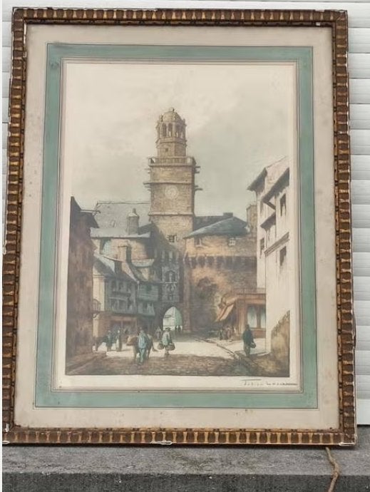 eau forte vue d un beffroi signe julien lacaze, Enlèvement ou Envoi, Lithographie
