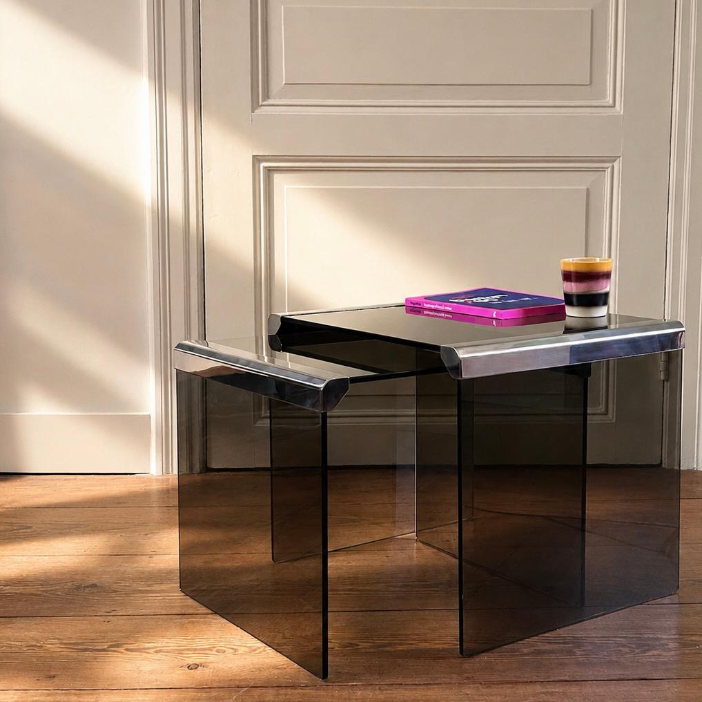 Gallotti & Radice rookglas en chroom bijzettafels, Ophalen, Minder dan 50 cm, Mid-century modern, Glas