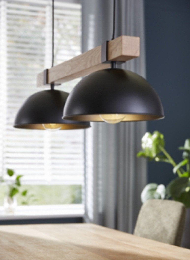Hanglamp 2x, E27, 230V, nieuw, zwart metaal, hout, verstelba, Ophalen, Nieuw, Hout, E27 (groot)