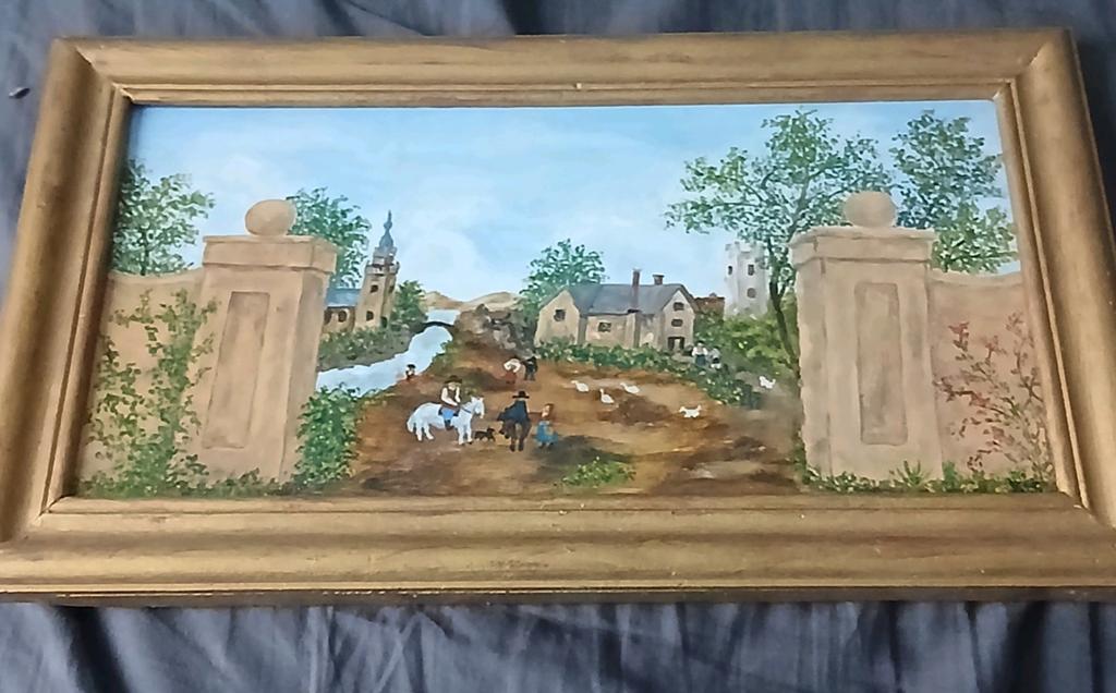 Tableau peinture naïve paysage champêtre avec cadre doré, Enlèvement ou Envoi