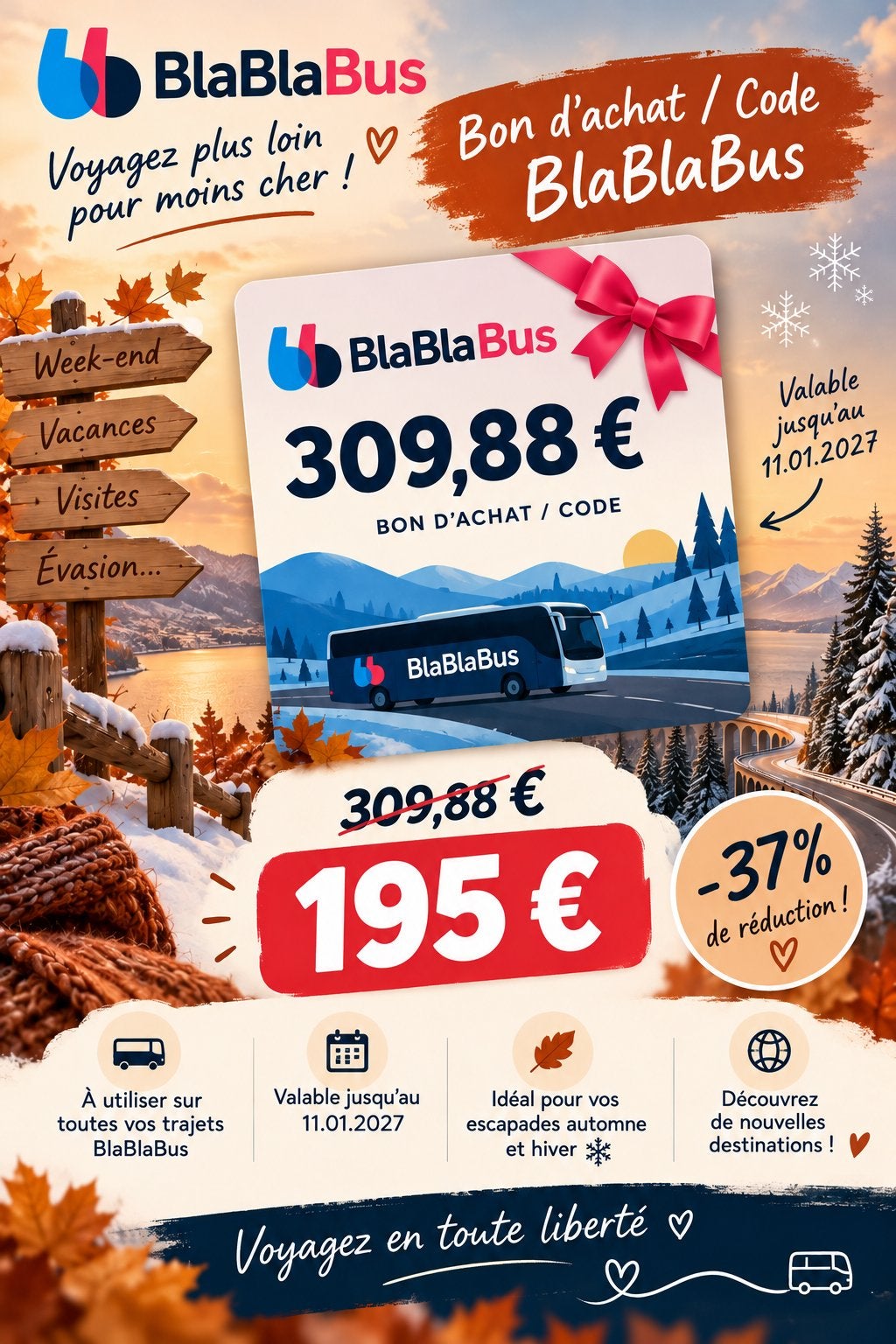 Bon d’achat sur Blablabus, Tickets en Kaartjes, Drie personen of meer, Bus, Metro of Tram, Kortingskaartje