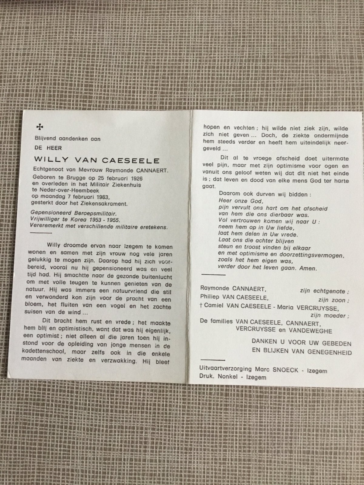 Soldat paracommando coréen Van Caeseele Bruges +1983, Envoi, Image pieuse