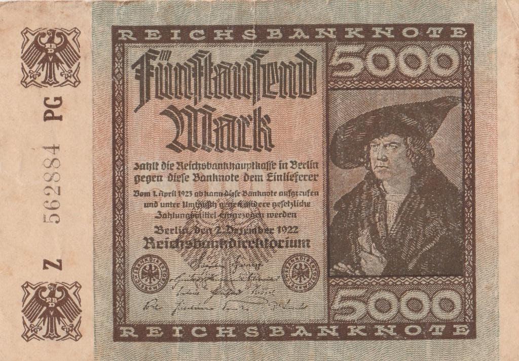 1922 Duitsland 5000 Mark Reichsbankbiljet, Postzegels en Munten, Ophalen of Verzenden, Duitsland, Los biljet