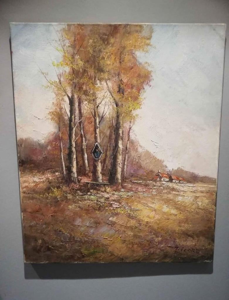 Sfeervol, groot oliewerk op doek, gesigneerd Picard, Antiek en Kunst, Ophalen of Verzenden