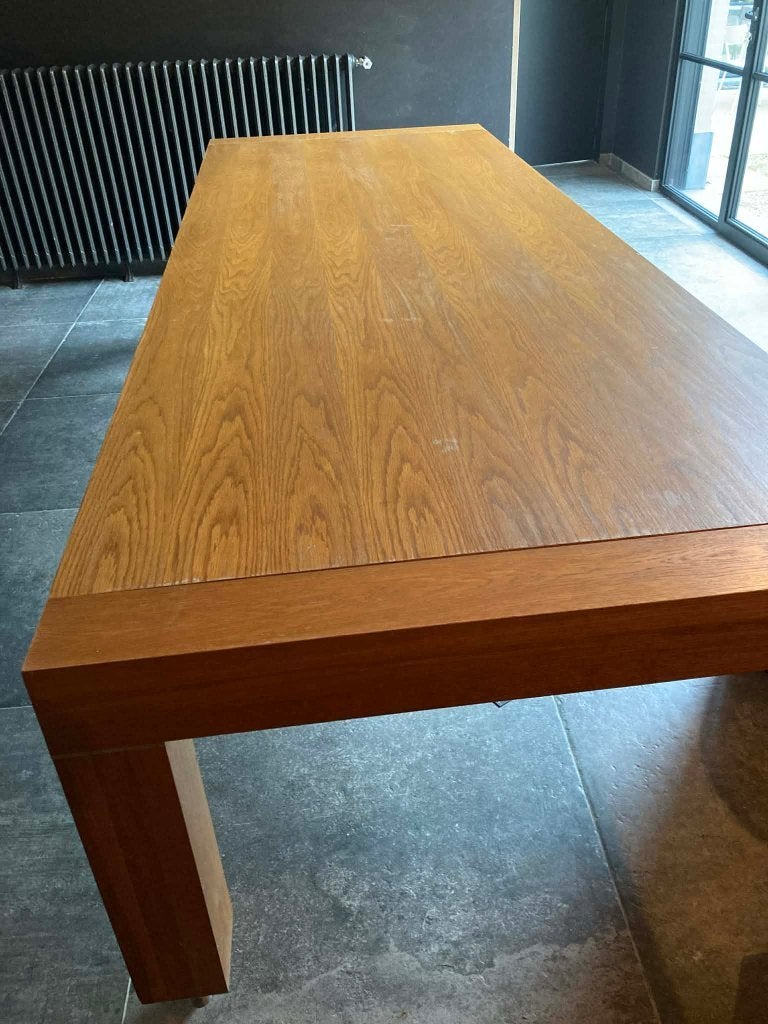 Prachtige design houten tafel met inox wielen, Huis en Inrichting, Modern/landelijk, Gebruikt, Ophalen of Verzenden, Rechthoekig