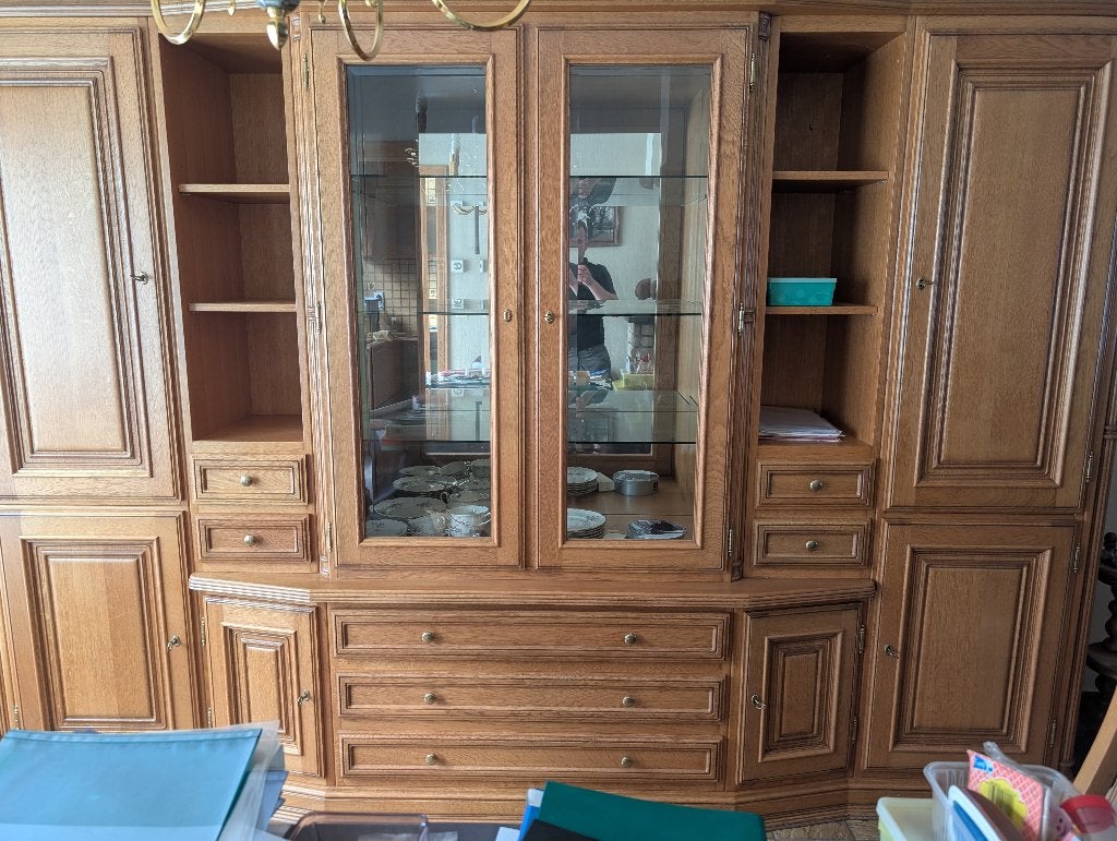 Grote eiken kast met vitrine deel, 200 cm ou plus, Avec tablette(s), Klassiek, Comme neuf