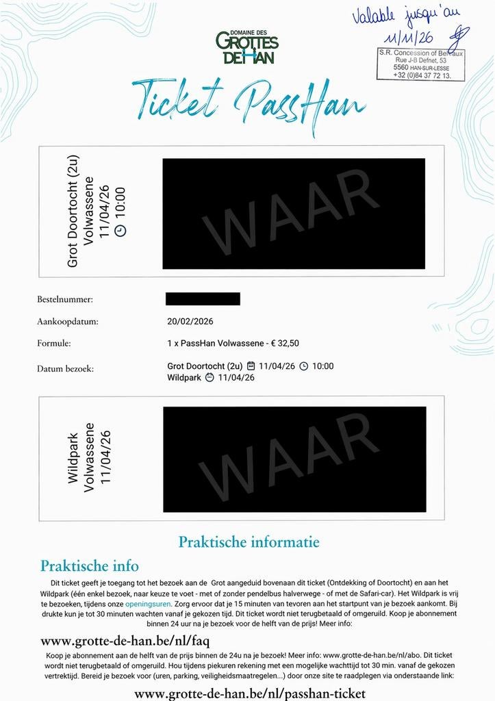 1x billet pour les grottes de Han