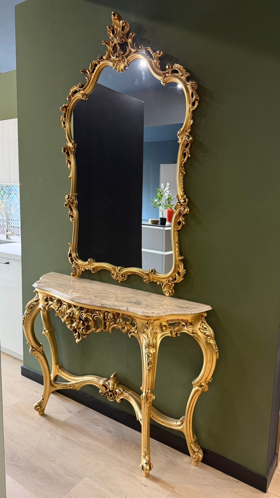 Prachtige Barok / Rococo Console met Marmeren Blad & Spiegel, Ophalen, Overige materialen, 100 tot 150 cm, 200 cm of meer
