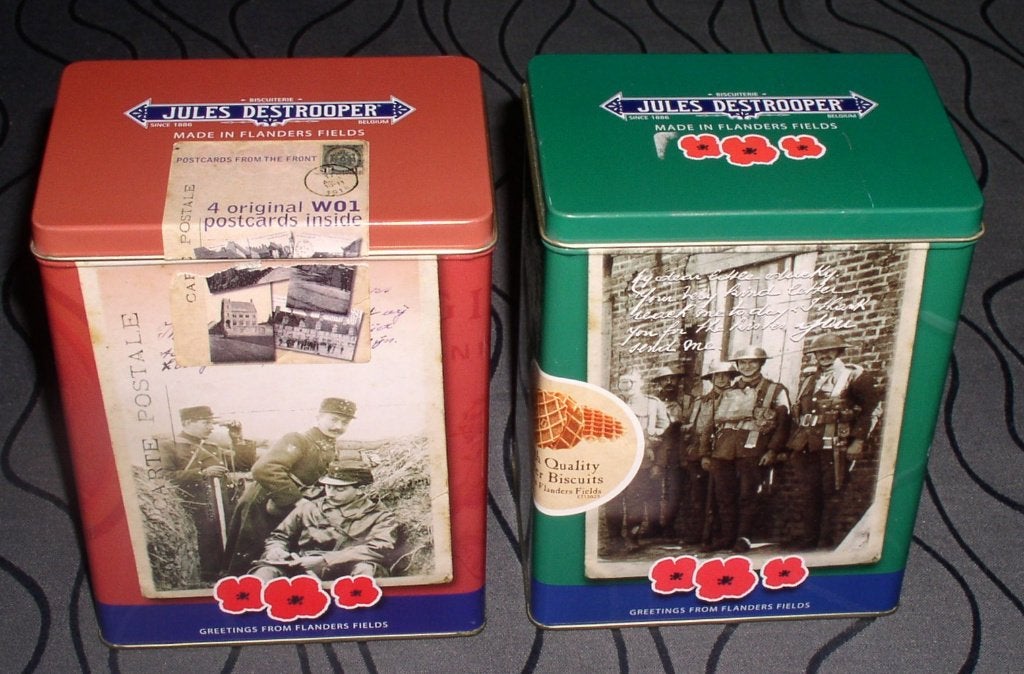 Blikken dozen Jules Destrooper Greetings Flanders Fields, Collections, Enlèvement ou Envoi, Utilisé, Biscuits, Autres marques