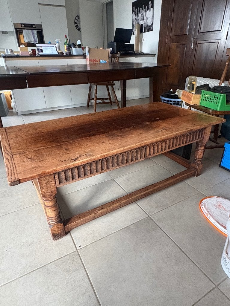 Karaktervolle Robuuste Eiken Salontafel / Kloostertafel, Ophalen, Gebruikt, 100 tot 150 cm, Eikenhout