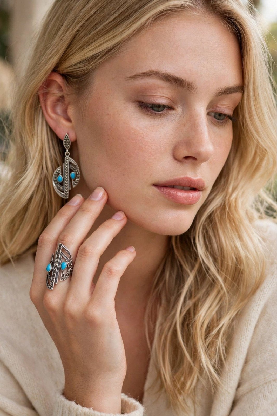 Prachtige sterling zilveren set met turkooizen en marcasiete, Handtassen en Accessoires, Ringen, Ophalen, Nieuw, Met edelsteen