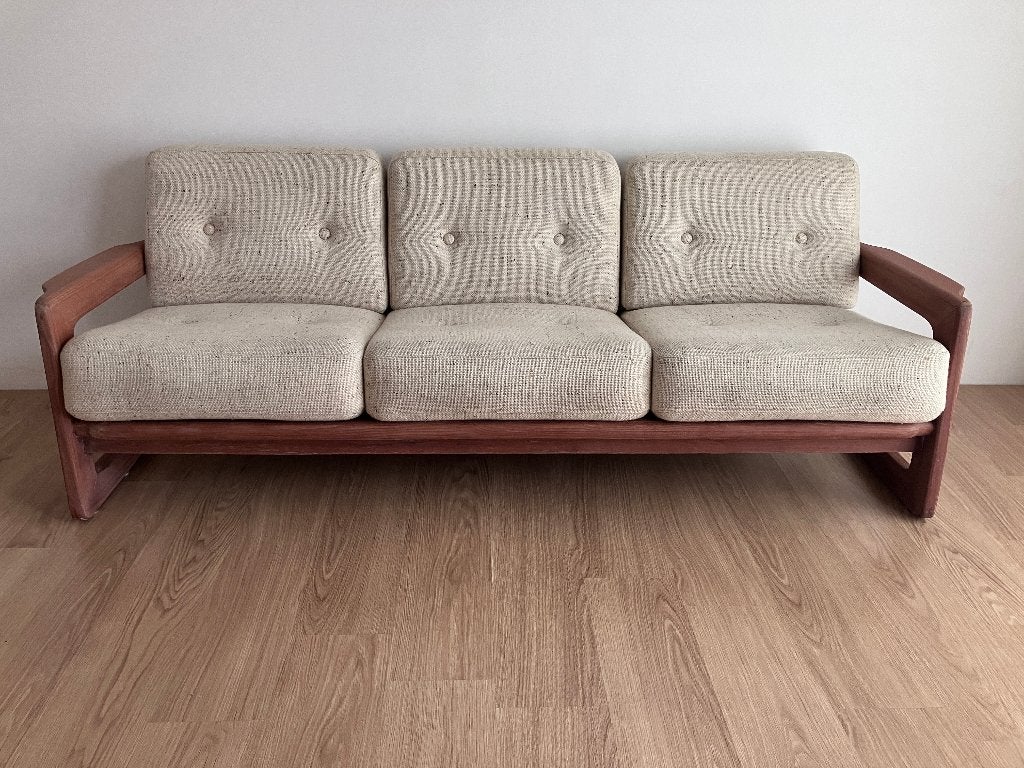 Mid-century design 3-zits zetel – vol eiken frame (Gent), Maison & Meubles, Canapés | Salons, Enlèvement ou Envoi, Utilisé, Bois