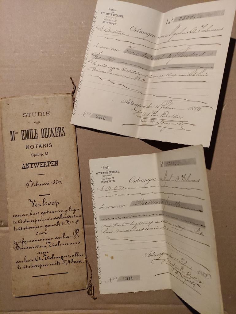 ANTWERPEN 1886 - notariële akte + 2 ontvangstbewijzen, Antiek en Kunst, Ophalen of Verzenden