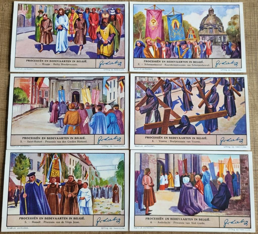 6 oude Liebig prenten: Processiën en bedevaarten in België, Enlèvement ou Envoi, Utilisé, Autres sujets/thèmes, Gravure