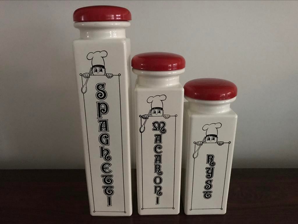Vintage retro set bewaarpotten spaghetti macaroni rijst, Verzamelen, Ophalen of Verzenden