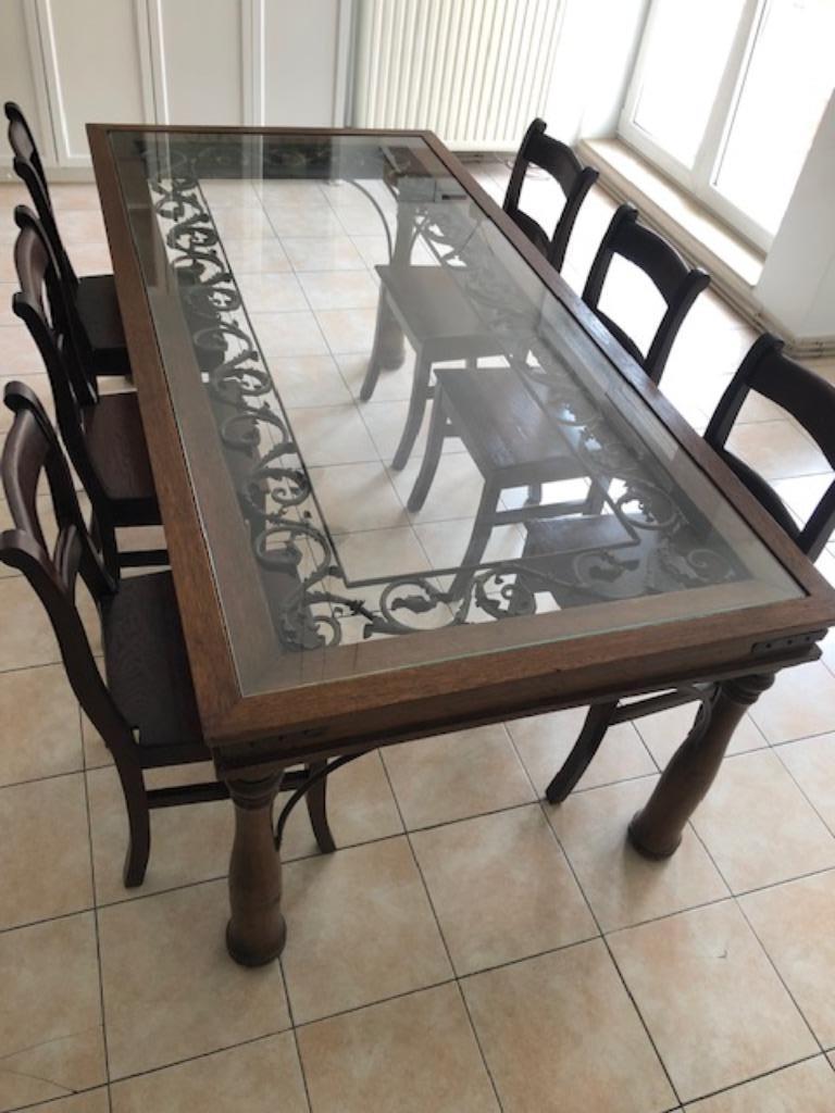 Table bois -  verre - fer forgé 8 personnes, Huis en Inrichting, Ophalen, 200 cm of meer, 50 tot 100 cm, Vijf personen of meer