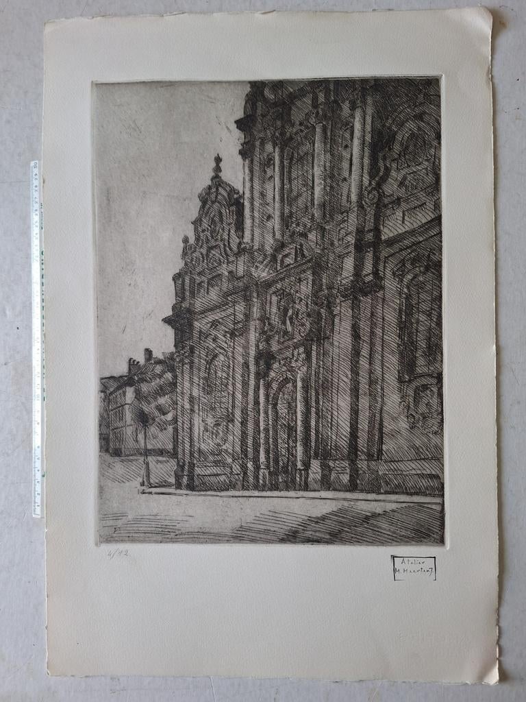 gravure Médard Maertens L'église du Béguinage de Bruxelles, Eau-forte, Enlèvement ou Envoi, 1950 - 1999, Vue urbaine