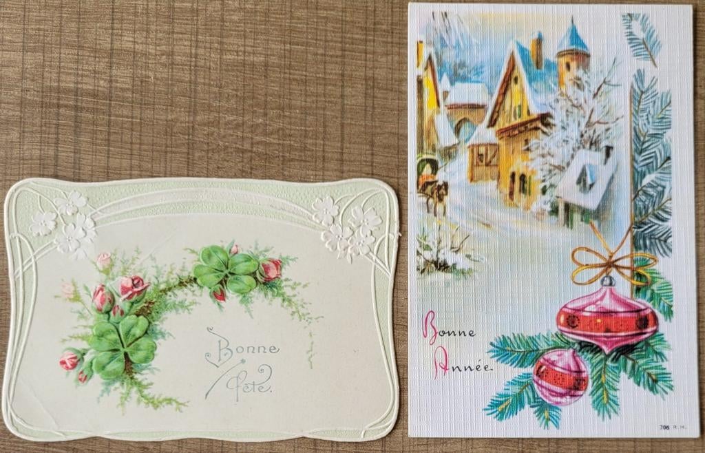 2 oude, Franstalige wenskaarten: Bonne Année + Bonne Fêtes, Ophalen of Verzenden, 1940 tot 1960, Ongelopen, Feest(dag)