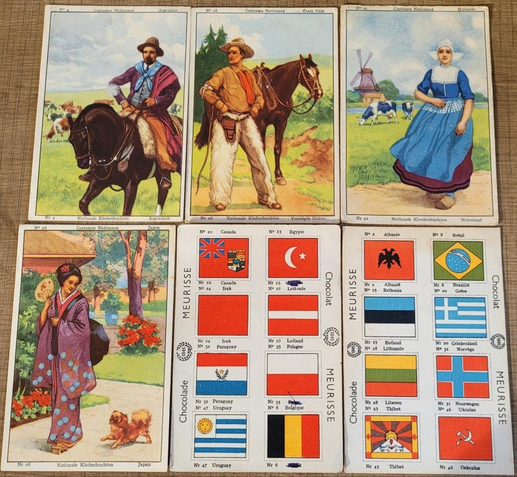 6 oude prenten: Nationale klederdrachten (Meurisse), Ophalen of Verzenden, Gebruikt, Klederdracht, Prent