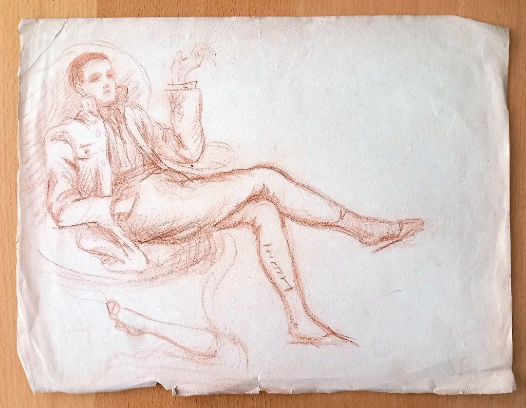 A493-11 Oude tekening Rokende Dandy in stoel - met watermerk, Enlèvement ou Envoi