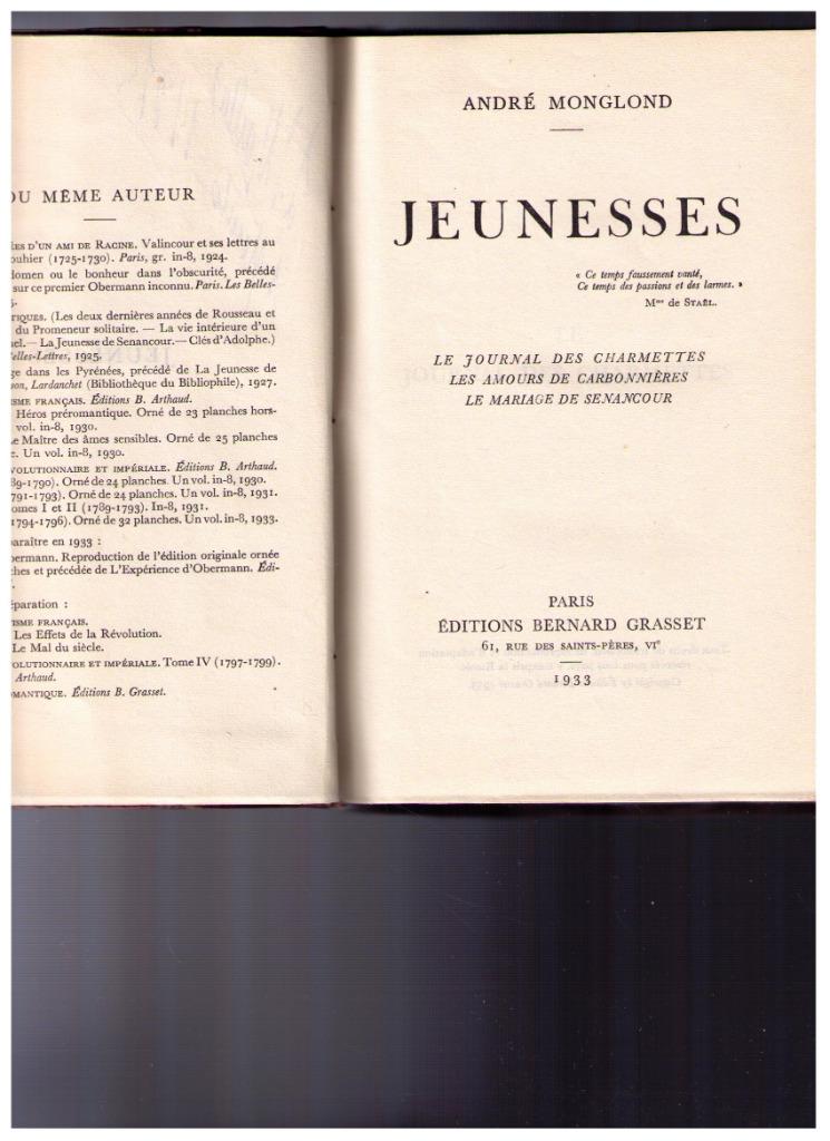 Jeunesses d'André Monglond - Ed. Bernard Grasset 1933, Boeken, Literatuur, Gelezen, Ophalen of Verzenden
